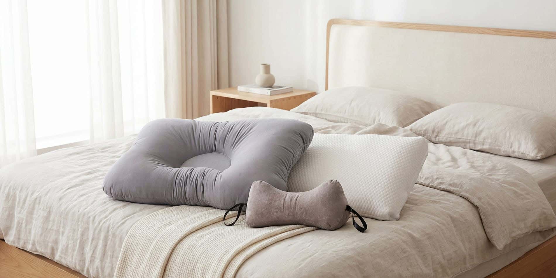 Various pillows arranged on a bed